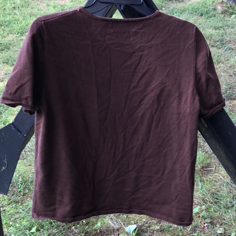 Alfred Dunner Petite Brown Short Sleeves Embroidered Floral Beaded Sweater PL